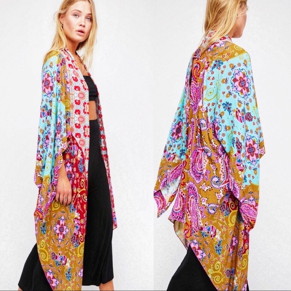 Free People Tops - FREE PEOPLE Aqua/Pink/Gold "Little Wing" Kimono OS